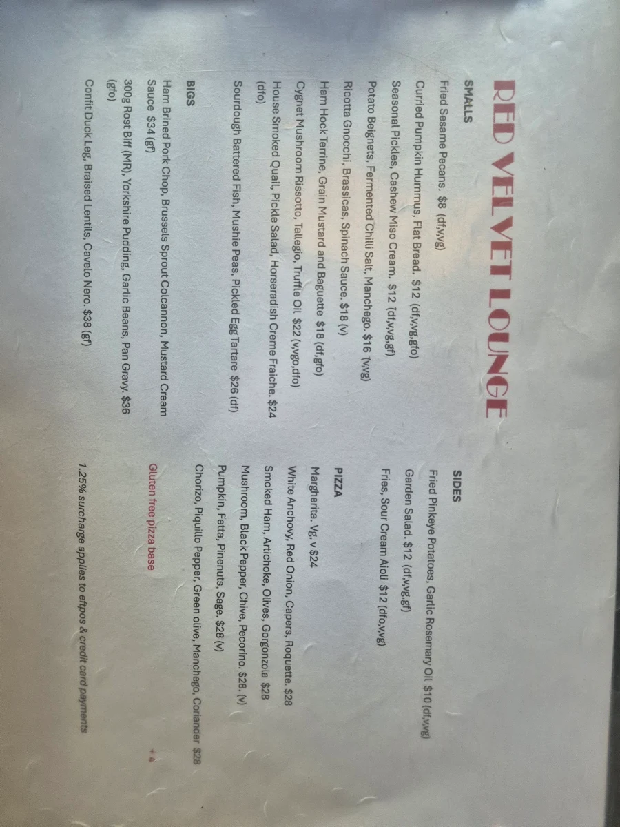 Menu, Red Velvet Lounge