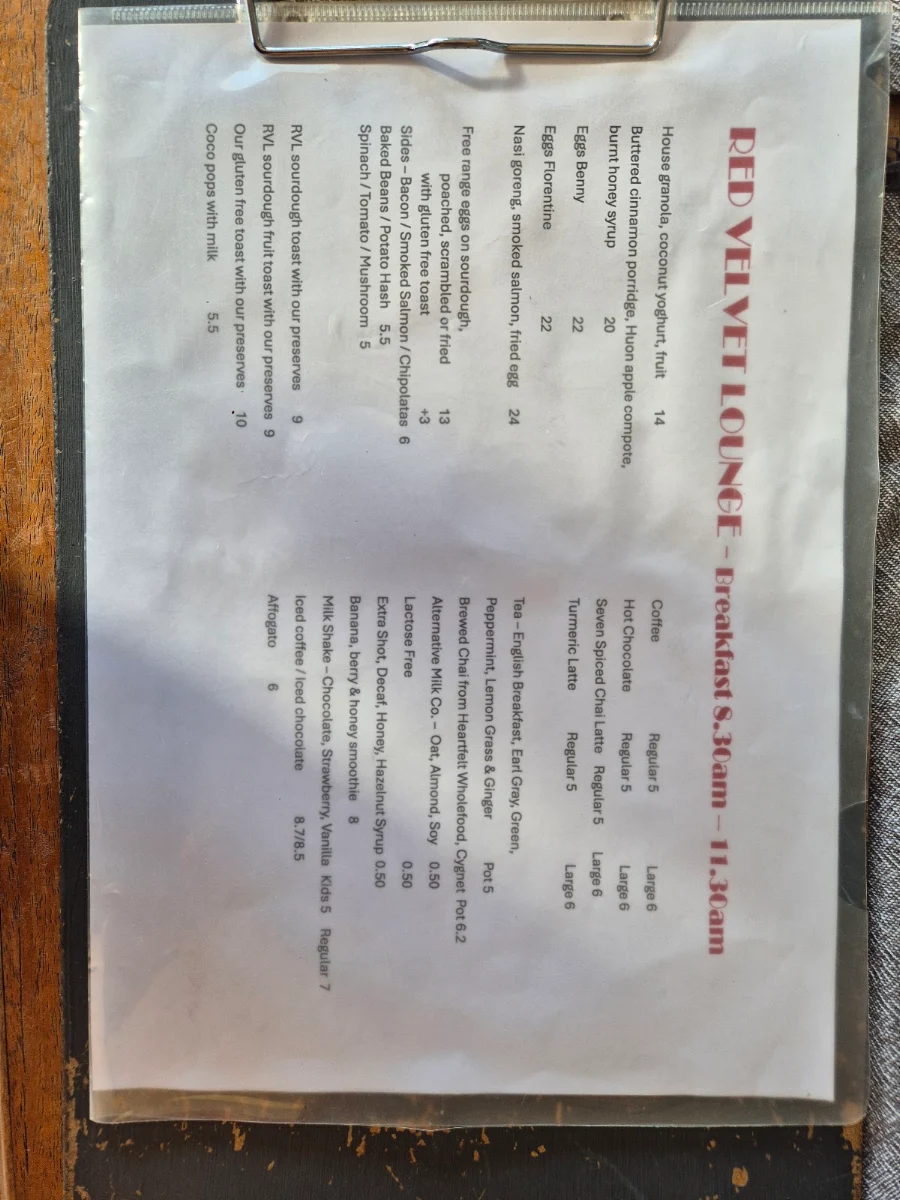 Menu, Red Velvet Lounge
