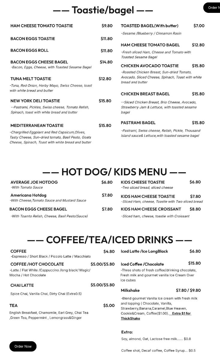 Menu, Norfolk Cafe