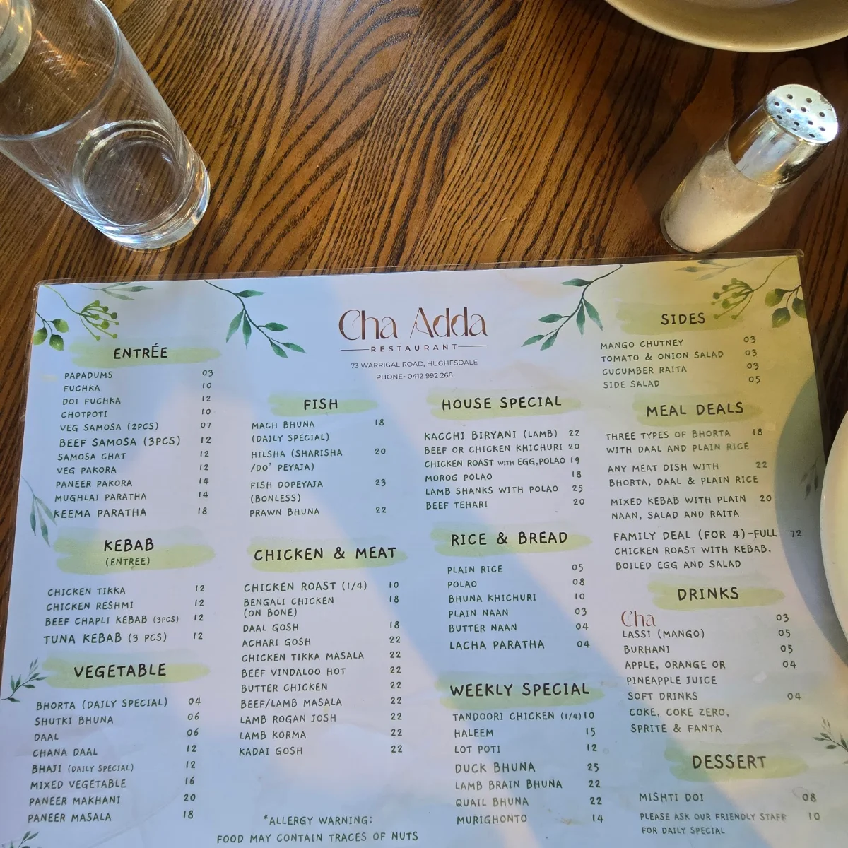 Menu, Cha Adda