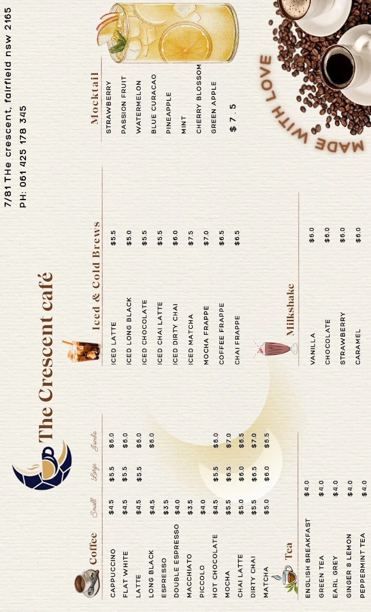 Menu, The Crescent Cafe