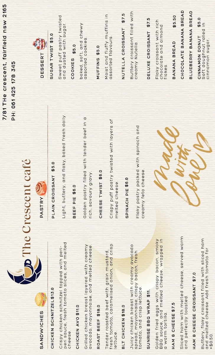 Menu, The Crescent Cafe