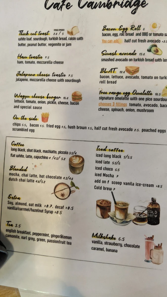 Menu, Cambridge Cafe Chatswood