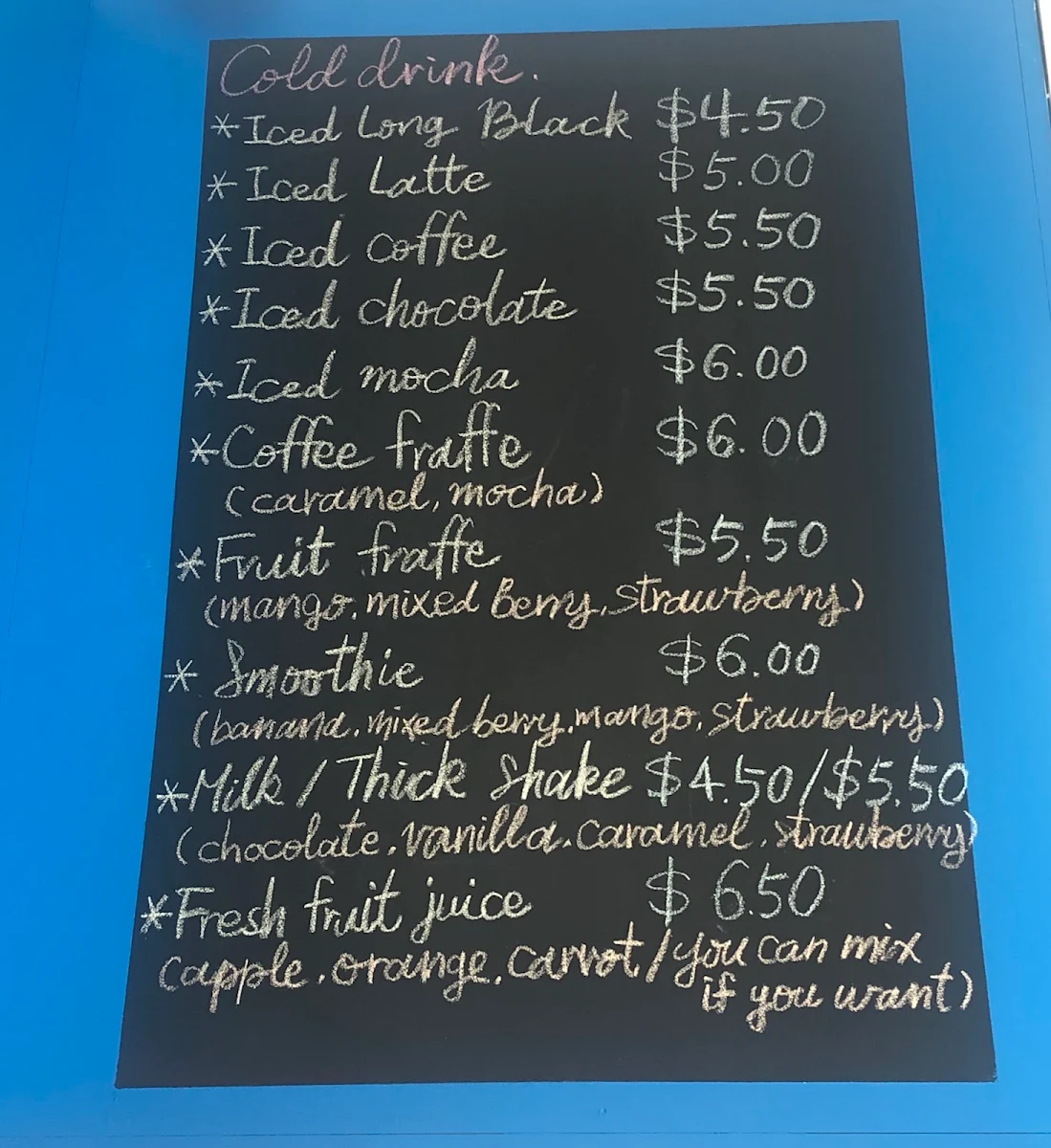 Menu, Cambridge Cafe Chatswood