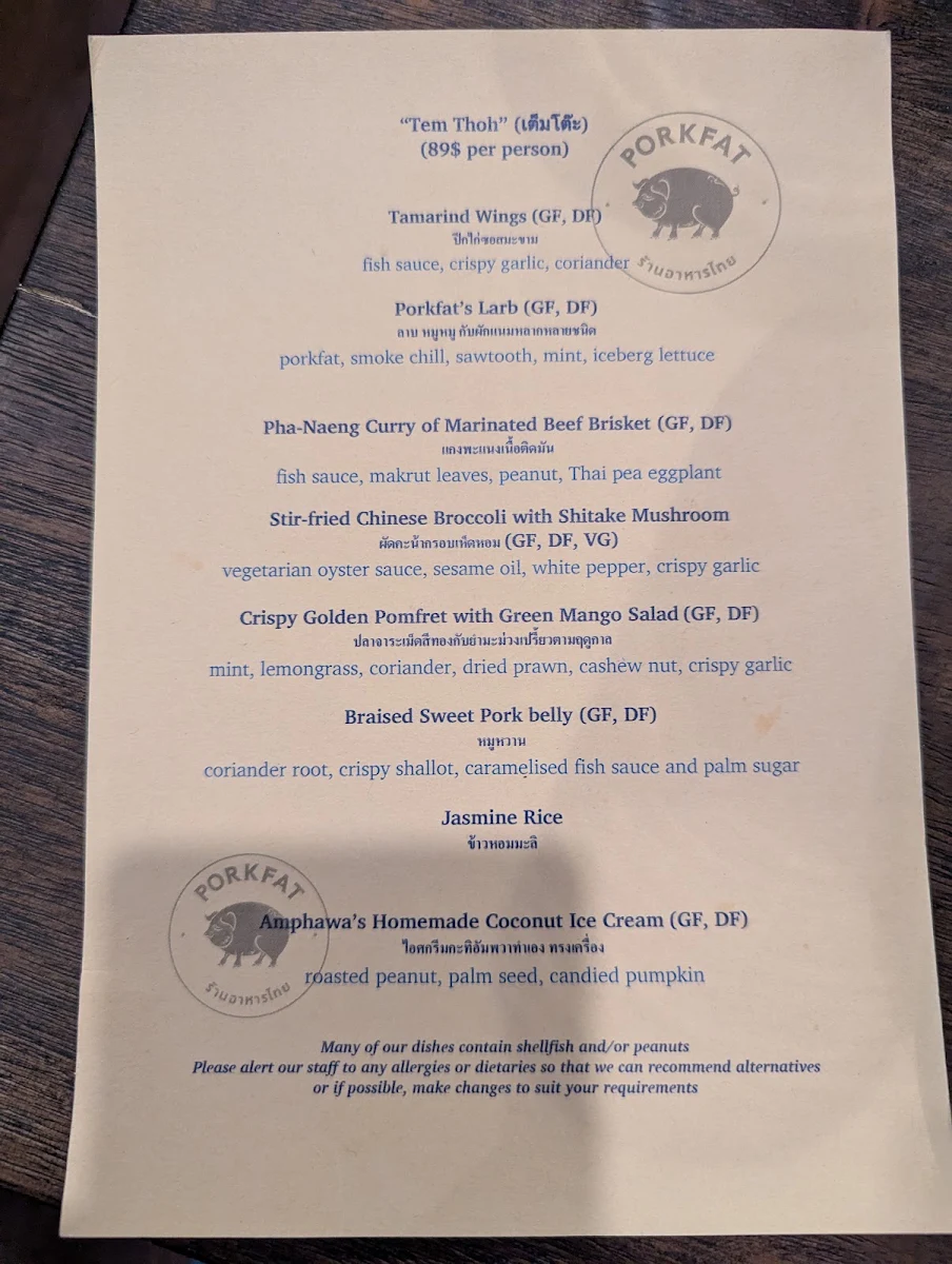 Menu, Porkfat Thai Restaurant Sydney