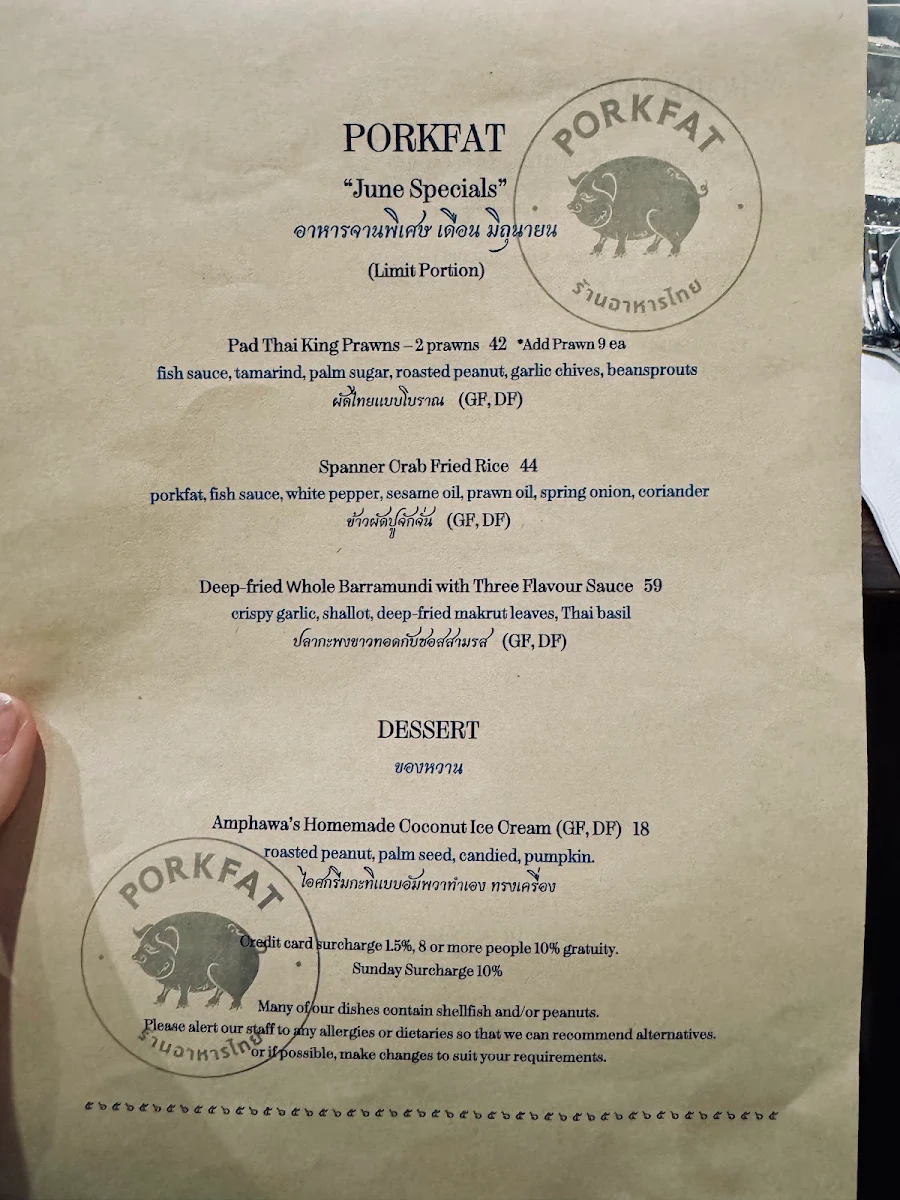 Menu, Porkfat Thai Restaurant Sydney