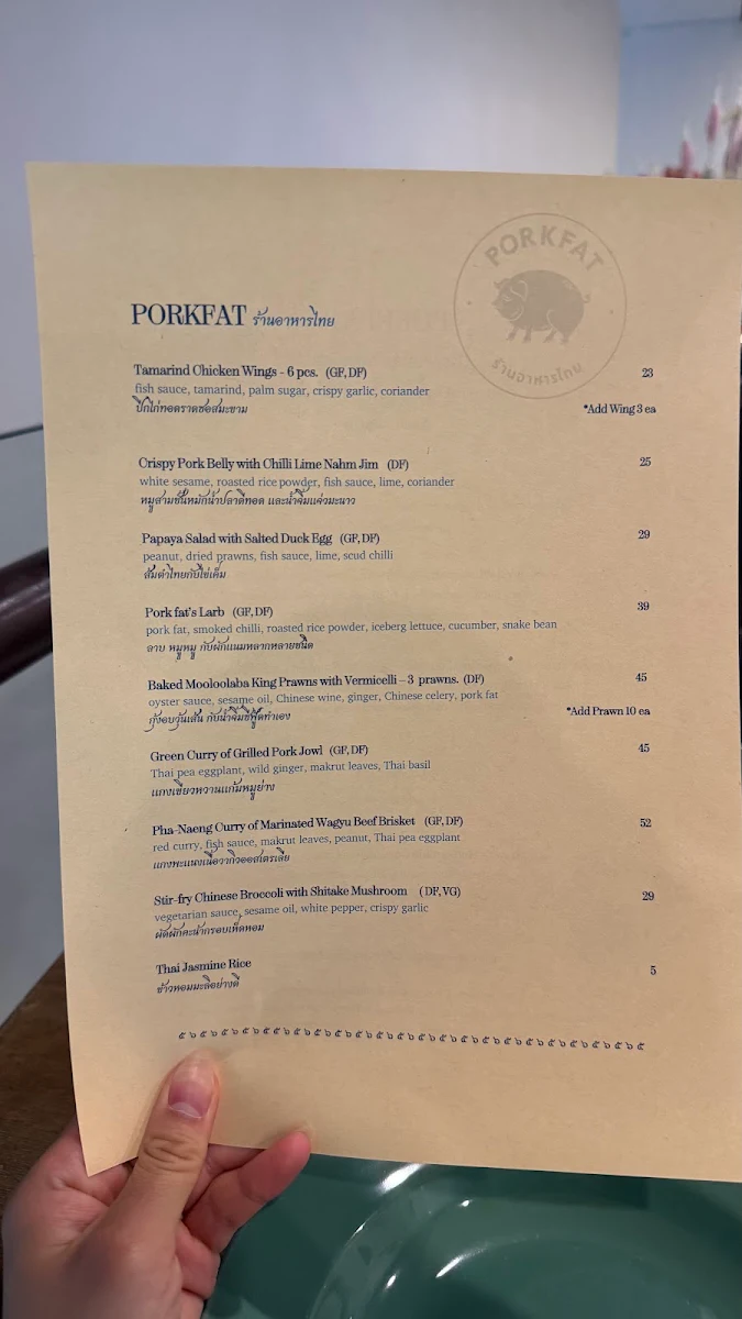 Menu, Porkfat Thai Restaurant Sydney