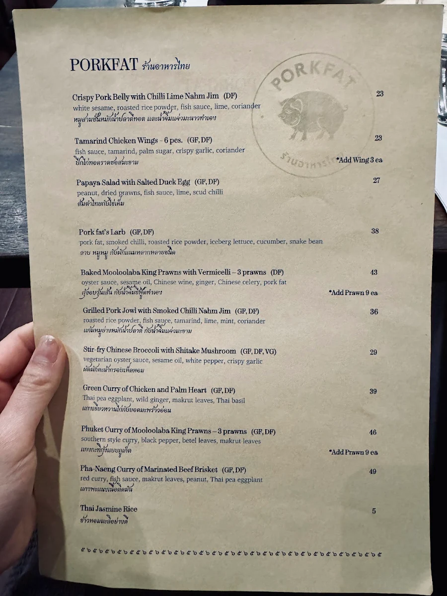 Menu, Porkfat Thai Restaurant Sydney