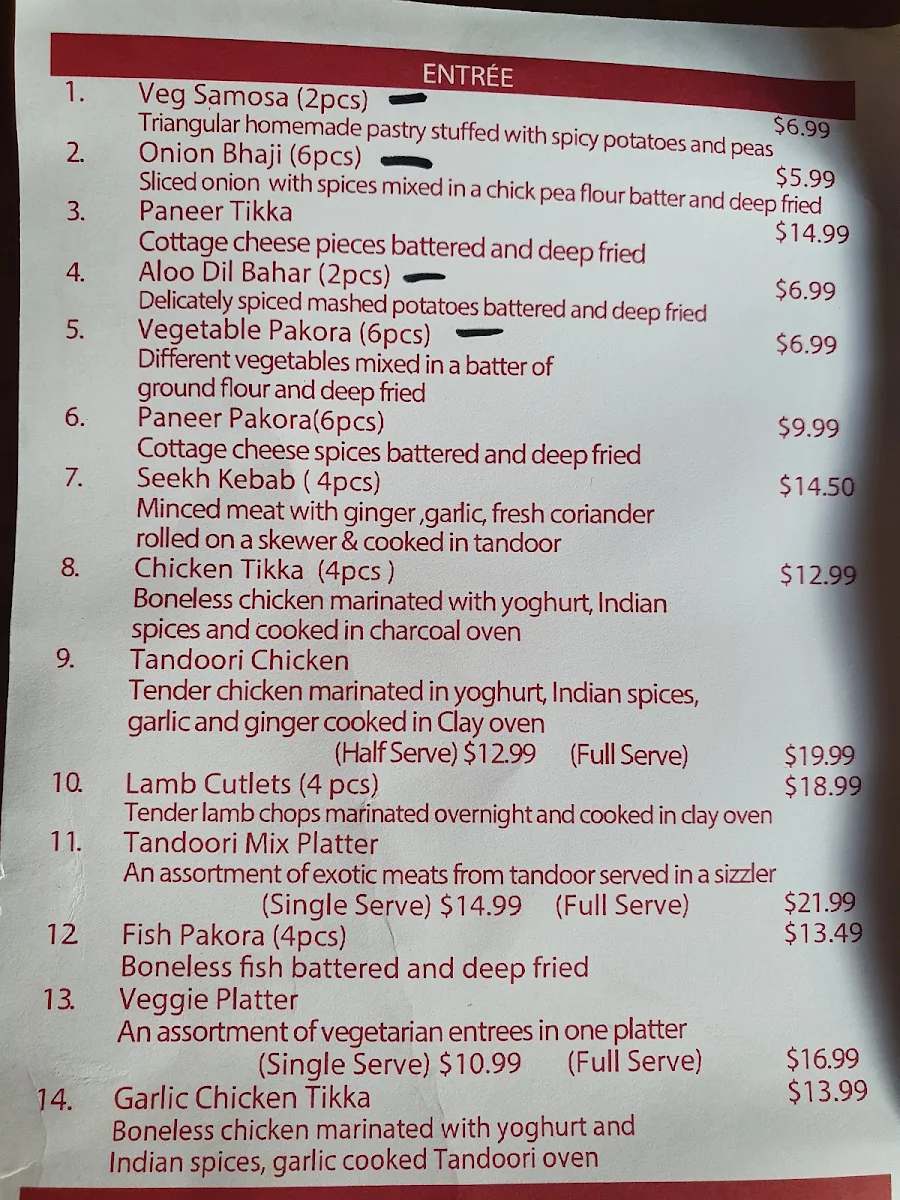 Menu, Curry Town Carrum Downs
