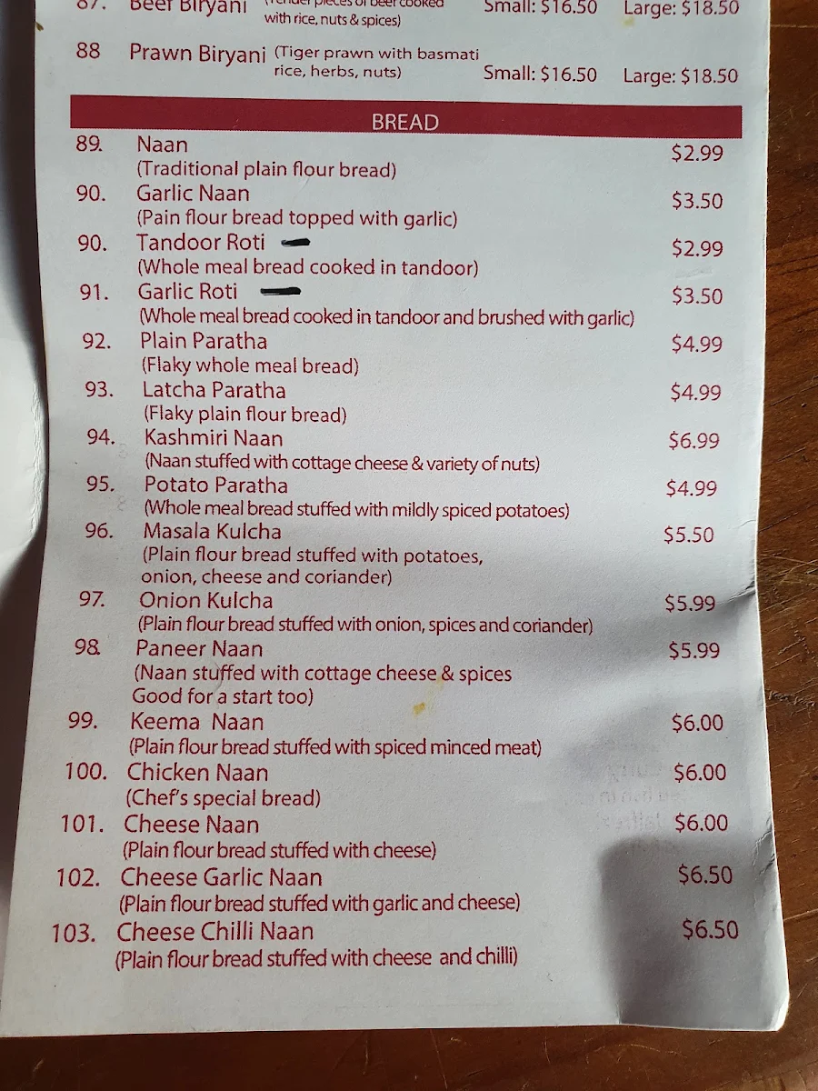Menu, Curry Town Carrum Downs