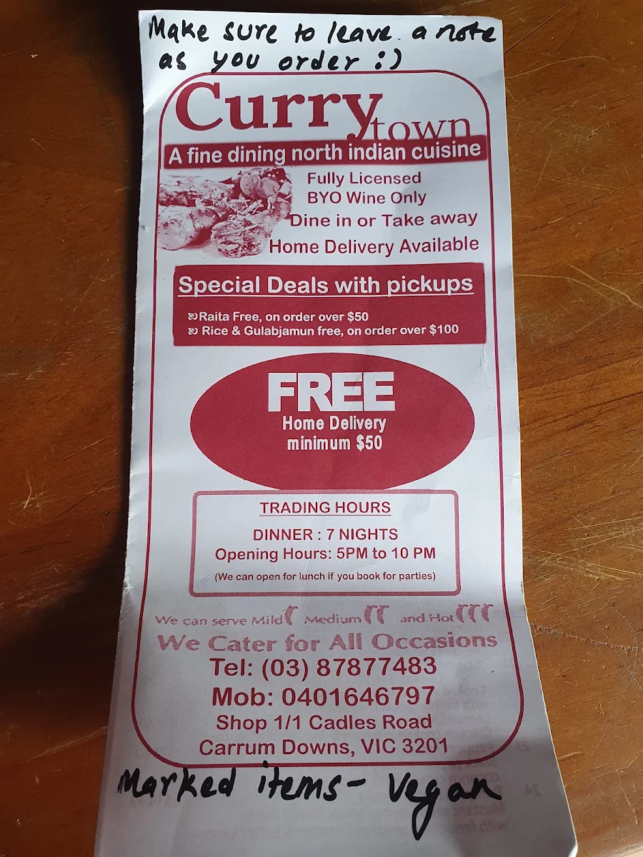 Menu, Curry Town Carrum Downs