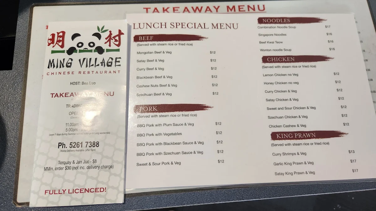 Menu, Ming Village Chinese Restaurant