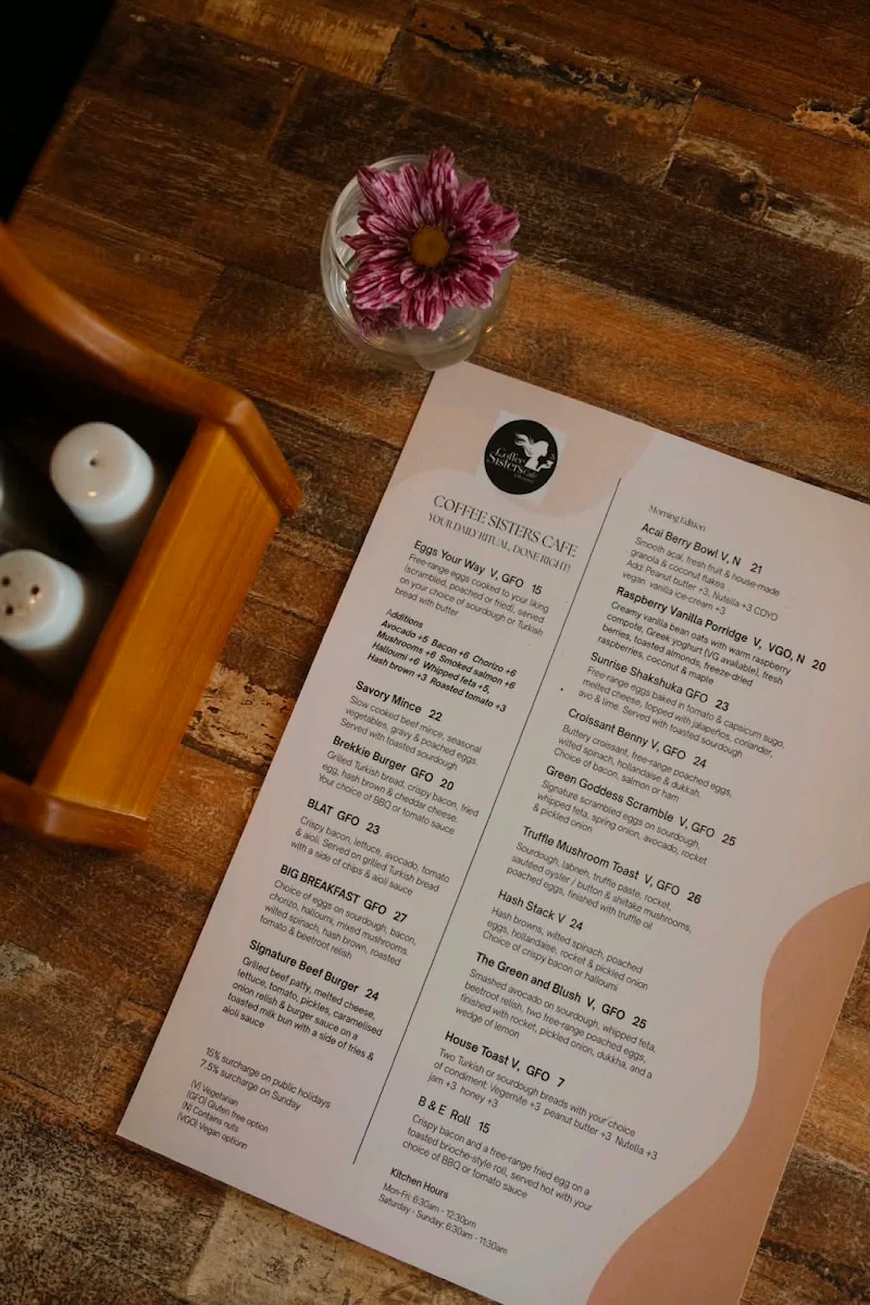 Menu, Coffee Sisters Cafe