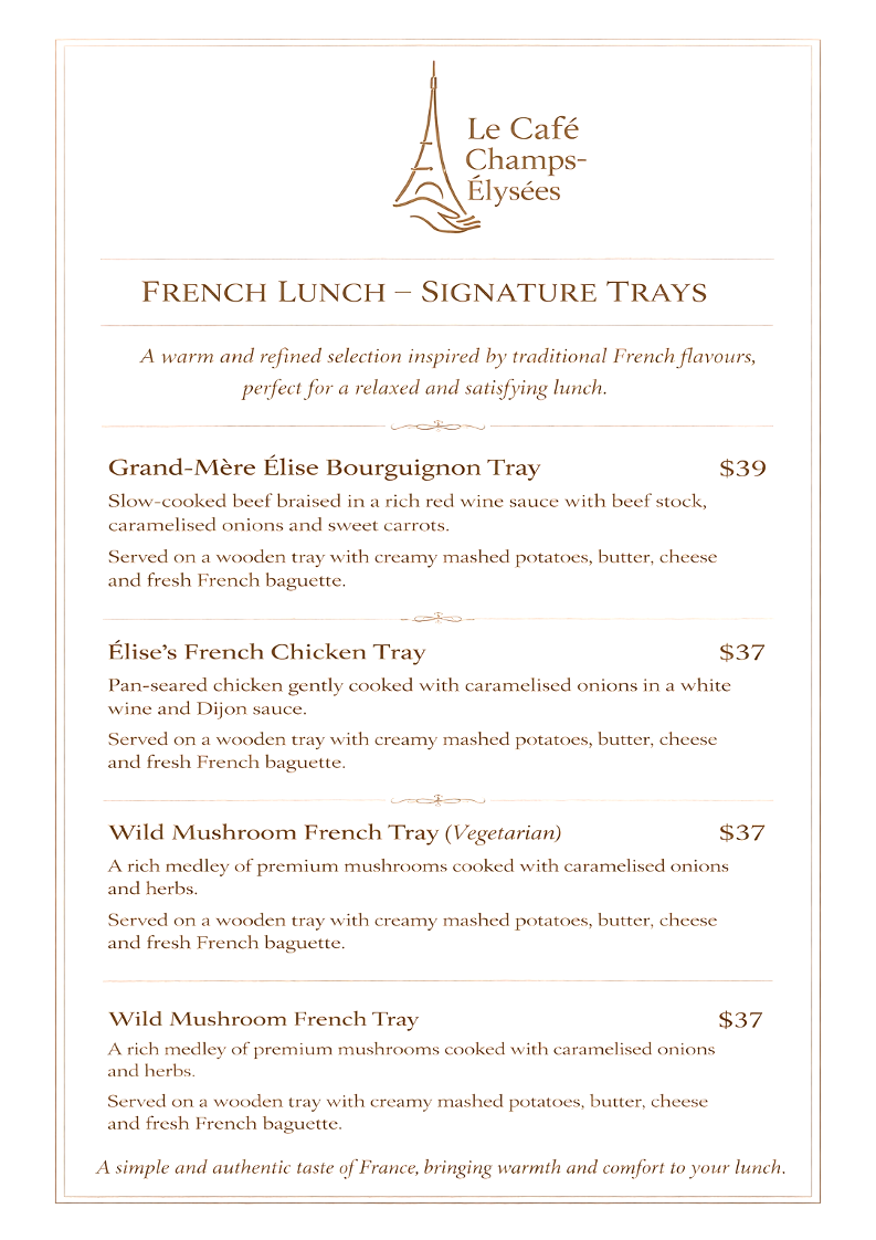 Menu, Le Café Champs-Élysées | Junction Newcastle