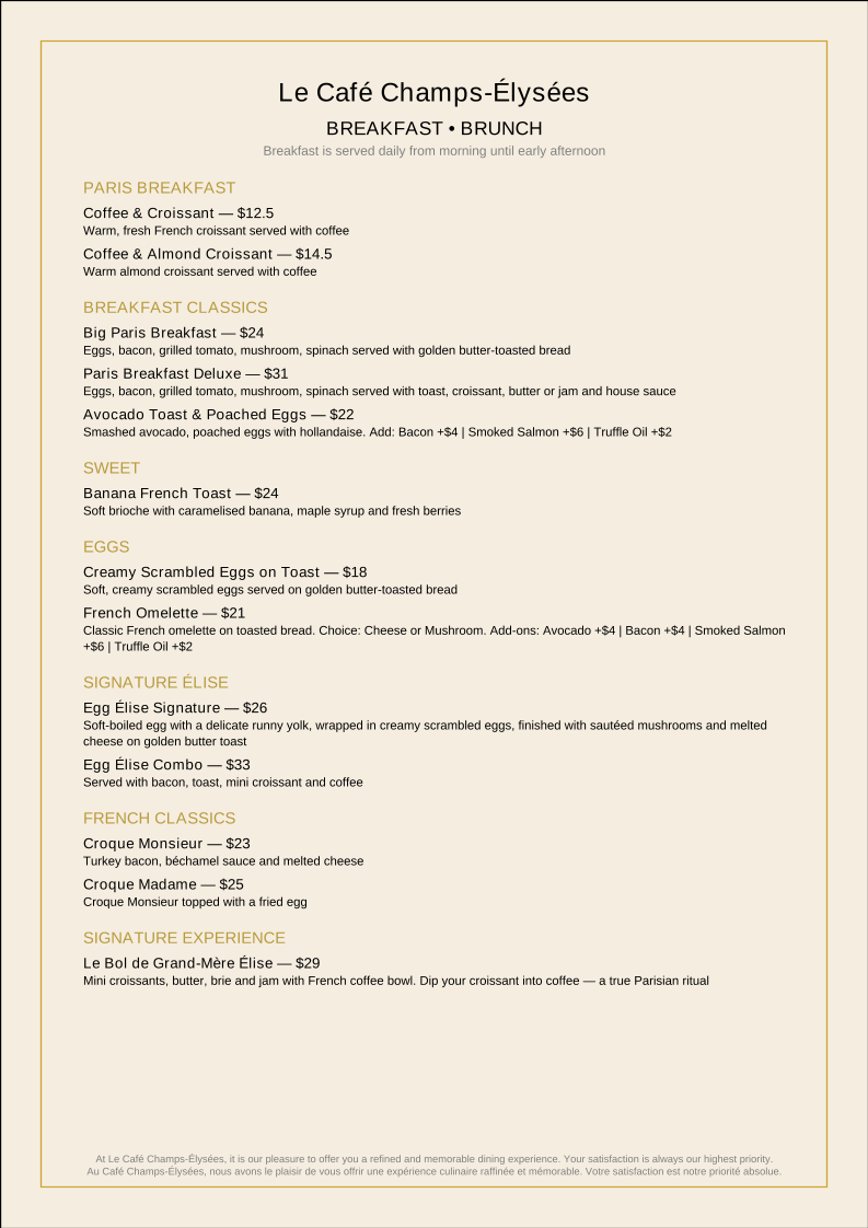 Menu, Le Café Champs-Élysées | Junction Newcastle