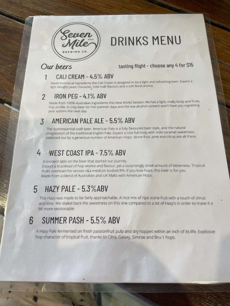 Menu, Seven Mile Brewing Co