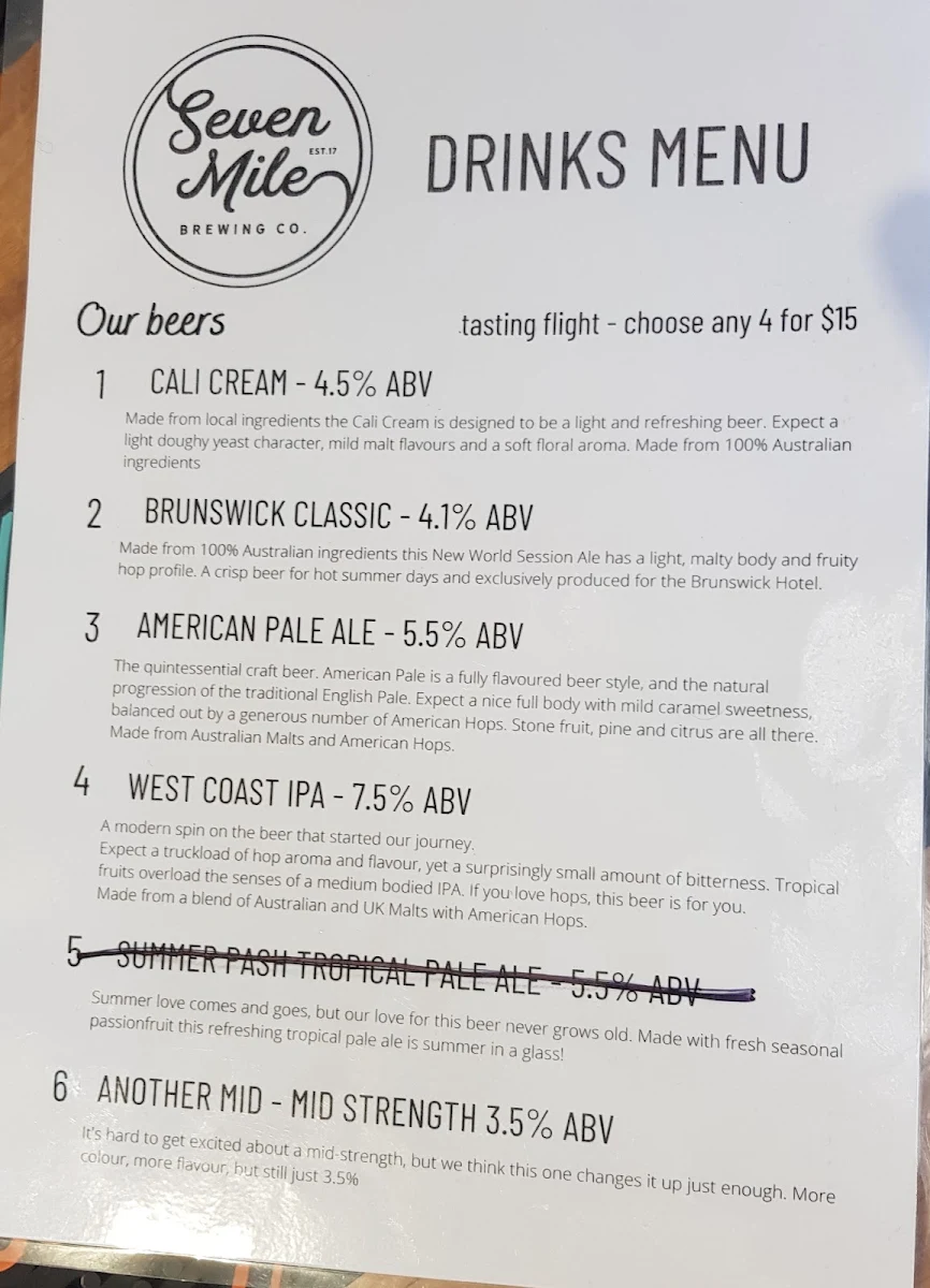 Menu, Seven Mile Brewing Co