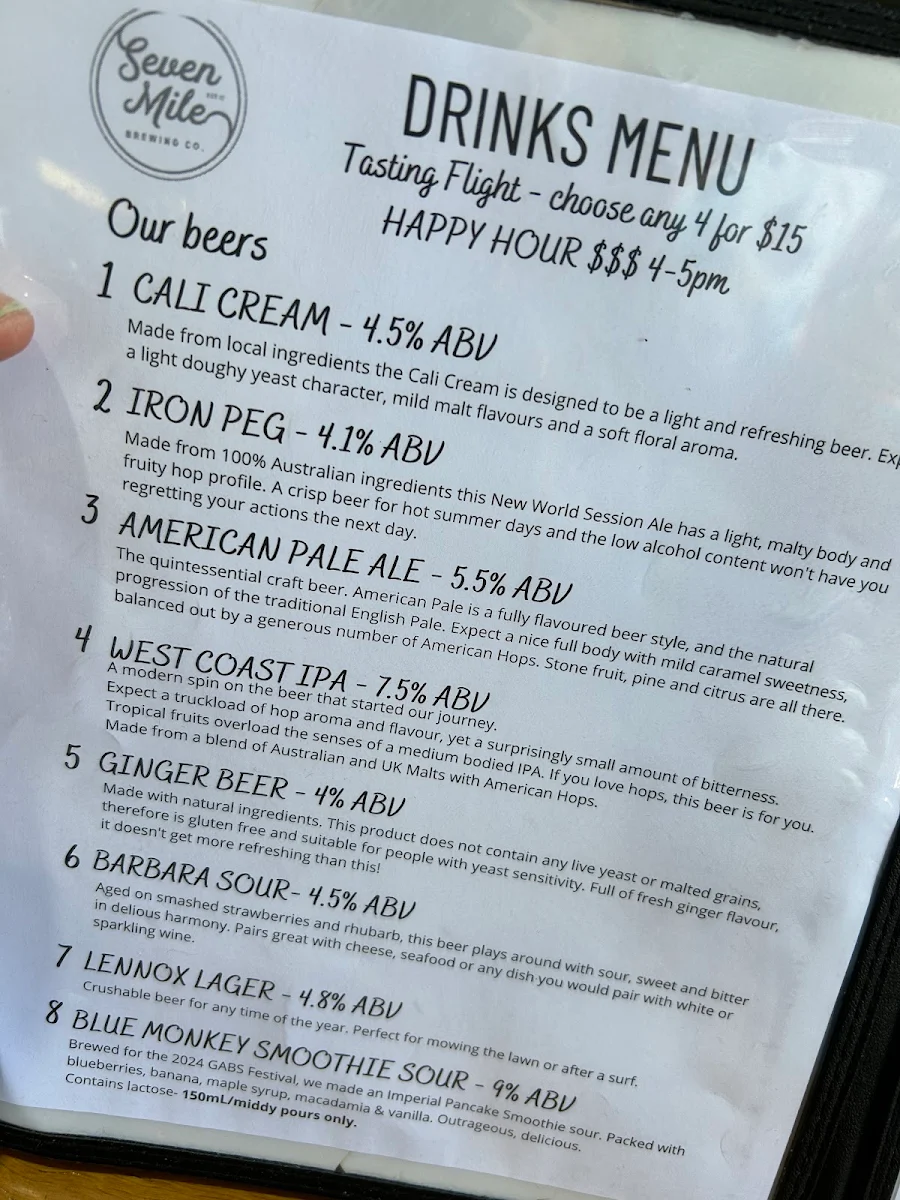 Menu, Seven Mile Brewing Co