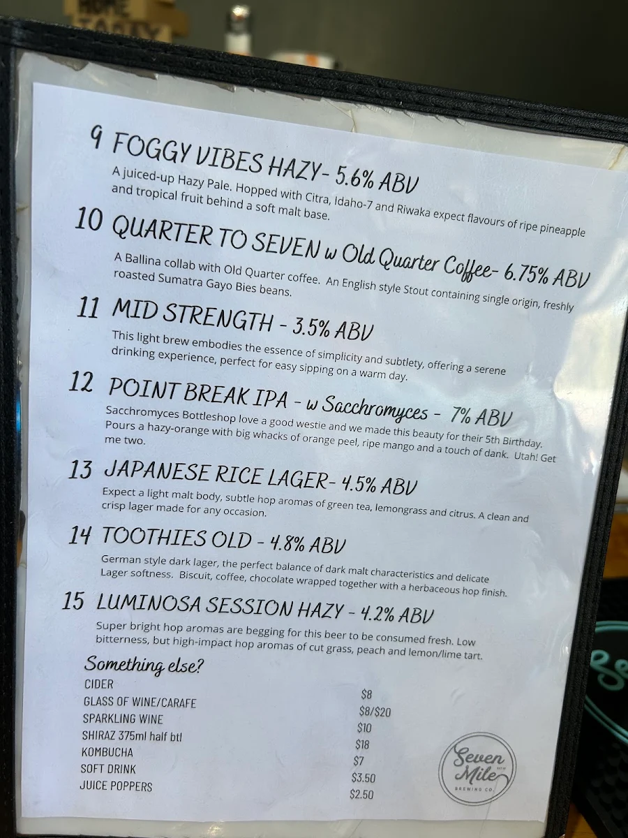 Menu, Seven Mile Brewing Co