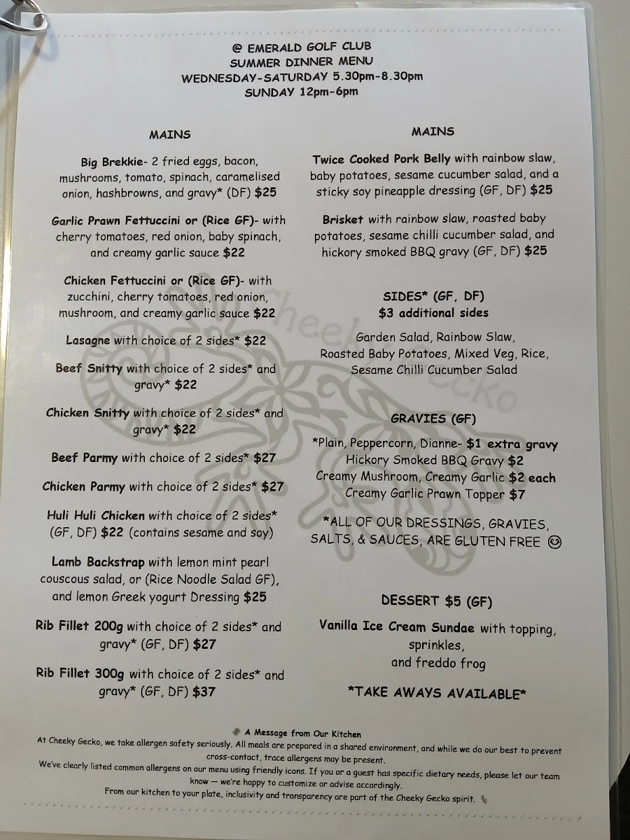 Menu, Cheeky Gecko