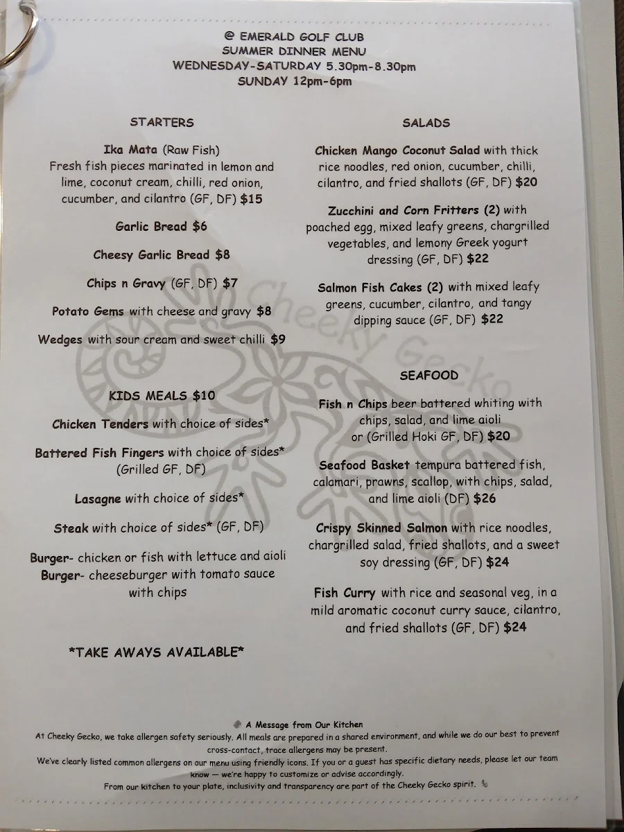Menu, Cheeky Gecko