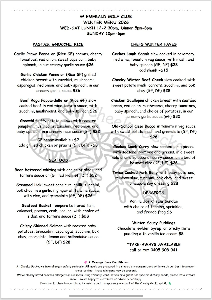Menu, Cheeky Gecko