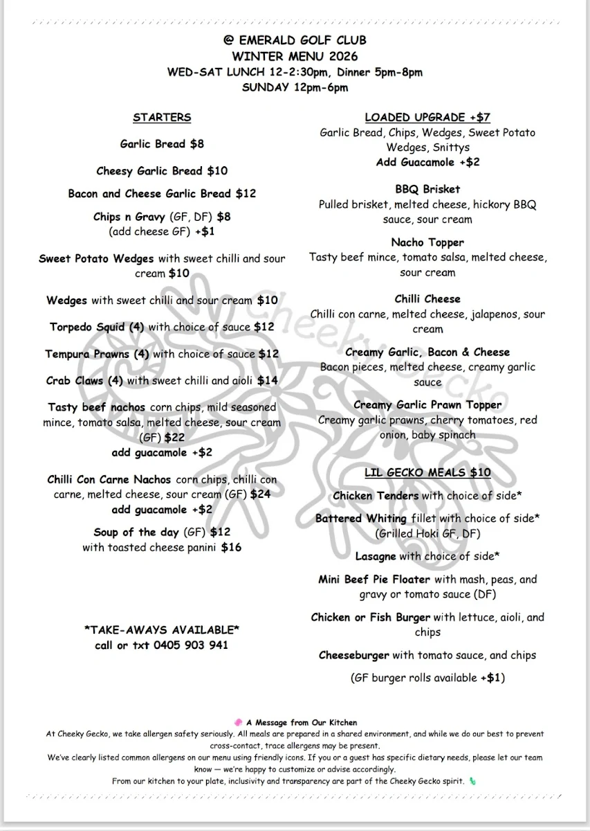 Menu, Cheeky Gecko