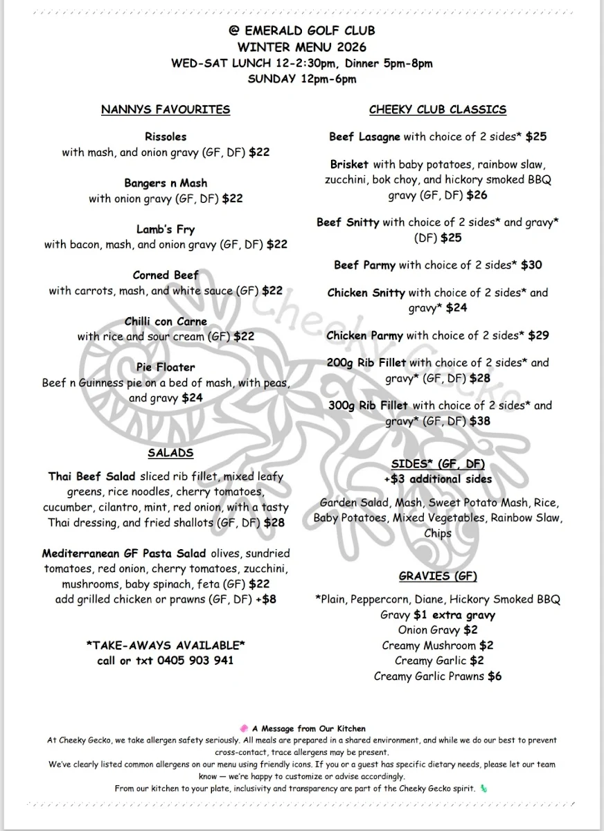 Menu, Cheeky Gecko