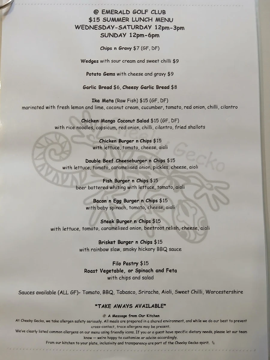 Menu, Cheeky Gecko