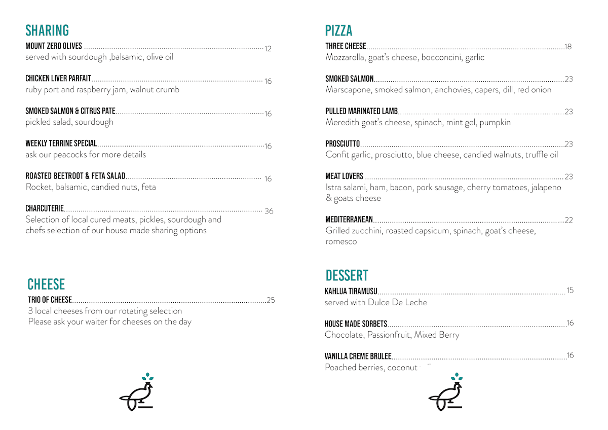 Menu, Mr Peacock