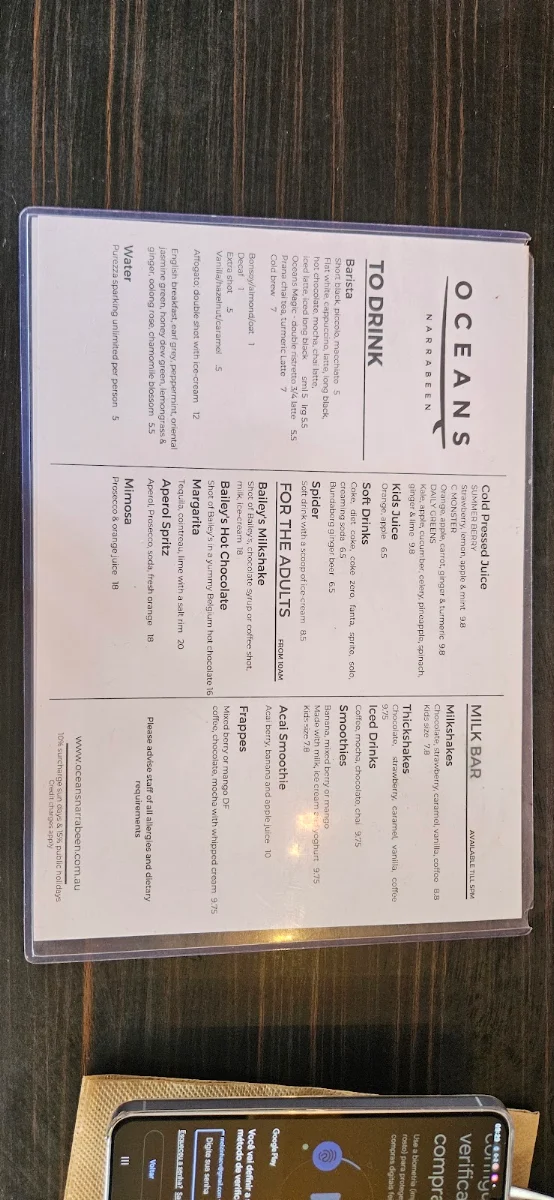 Menu, Oceans Narrabeen