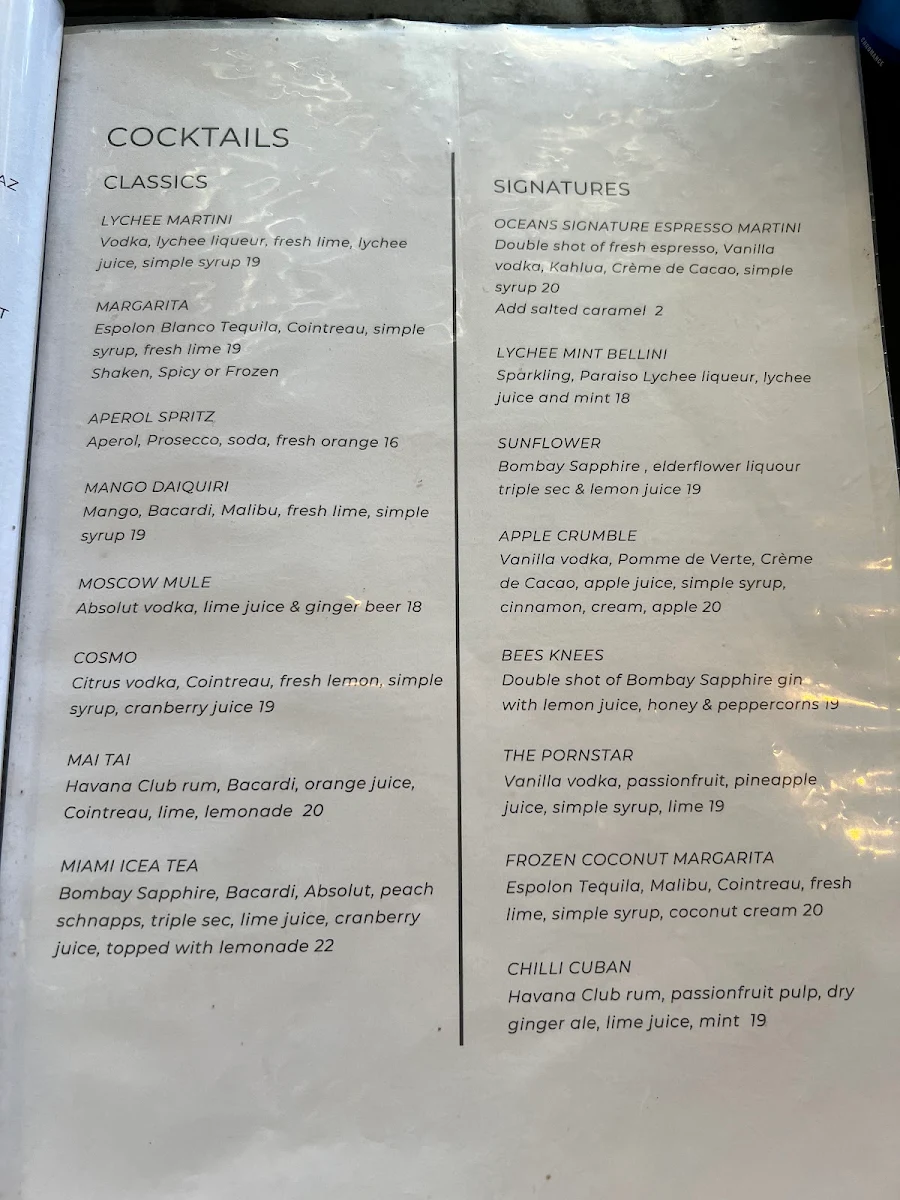 Menu, Oceans Narrabeen