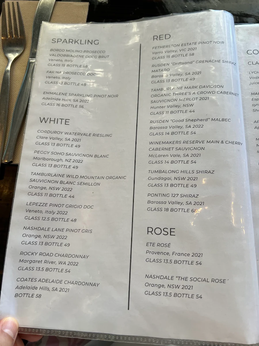 Menu, Oceans Narrabeen