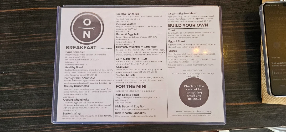 Menu, Oceans Narrabeen