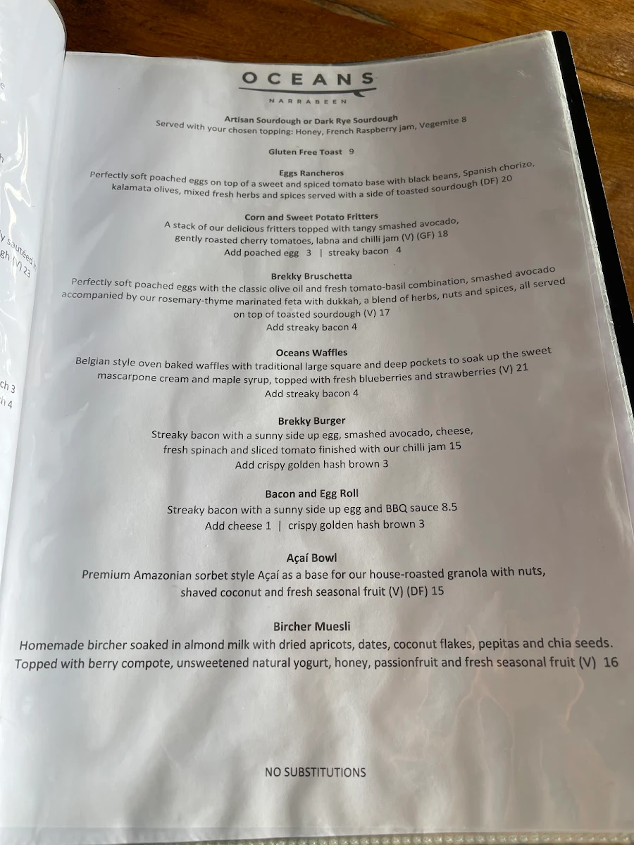 Menu, Oceans Narrabeen