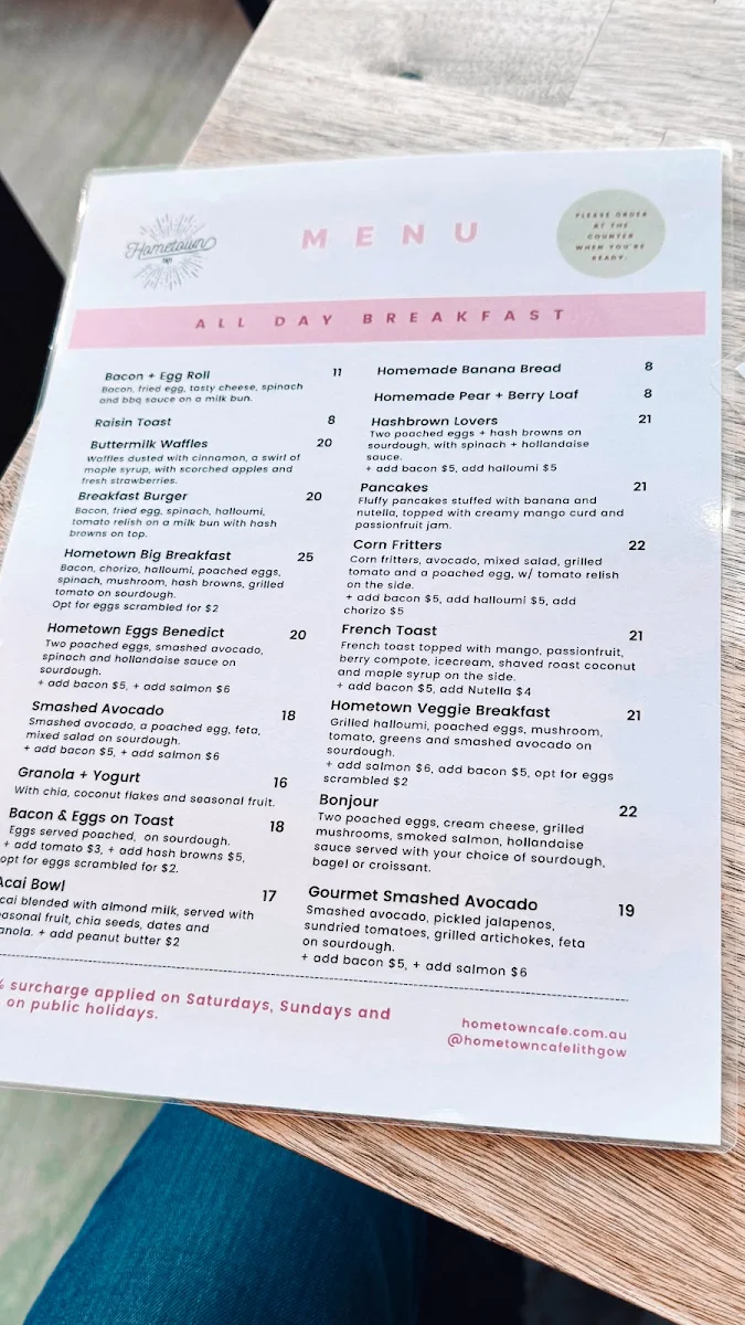 Menu, Hometown Cafe Lithgow