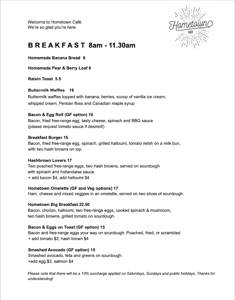 Menu, Hometown Cafe Lithgow