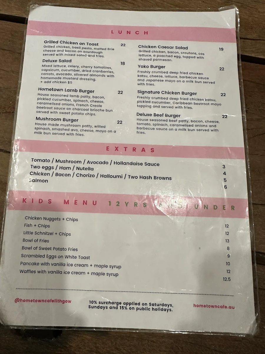 Menu, Hometown Cafe Lithgow