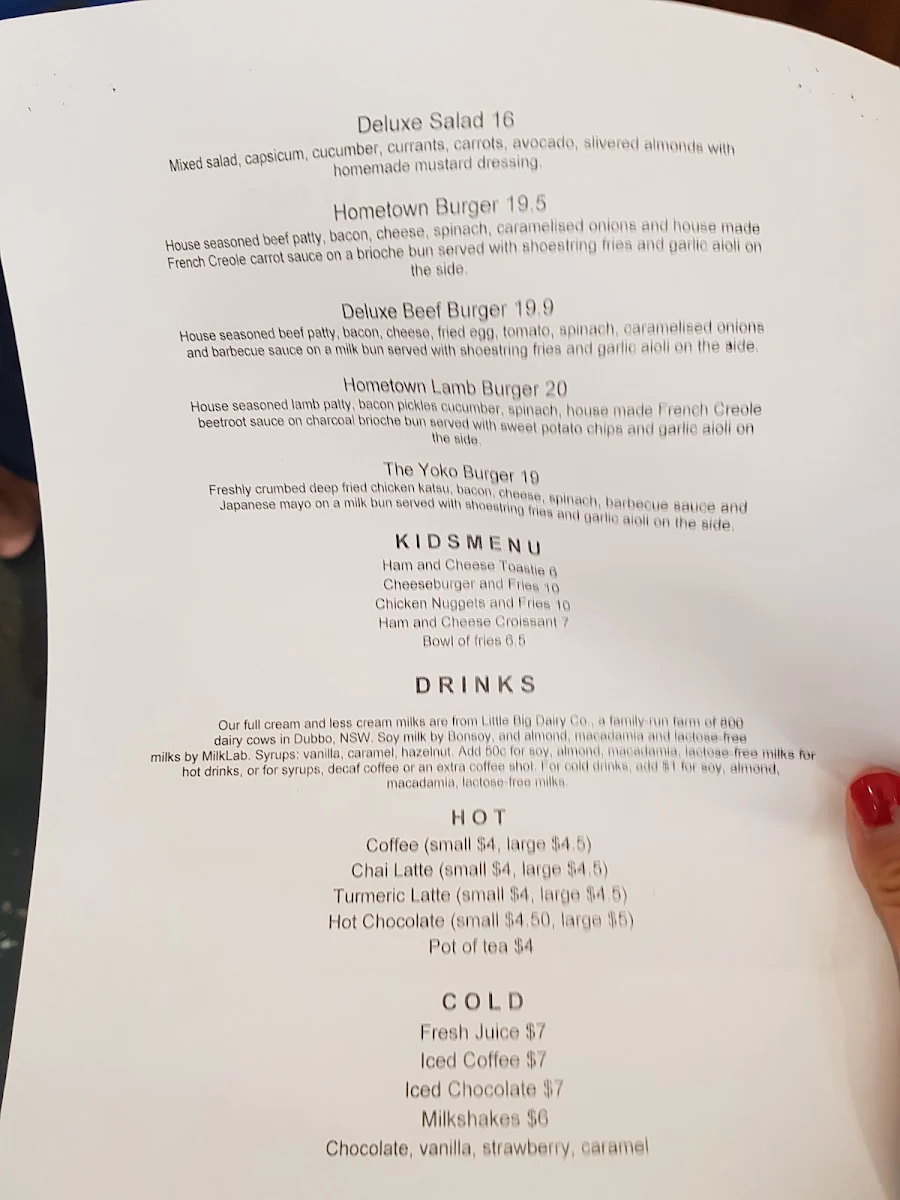 Menu, Hometown Cafe Lithgow