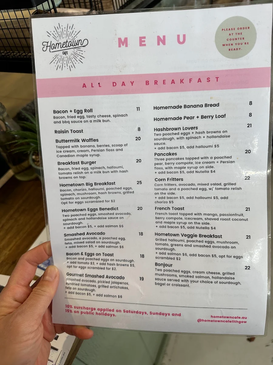 Menu, Hometown Cafe Lithgow