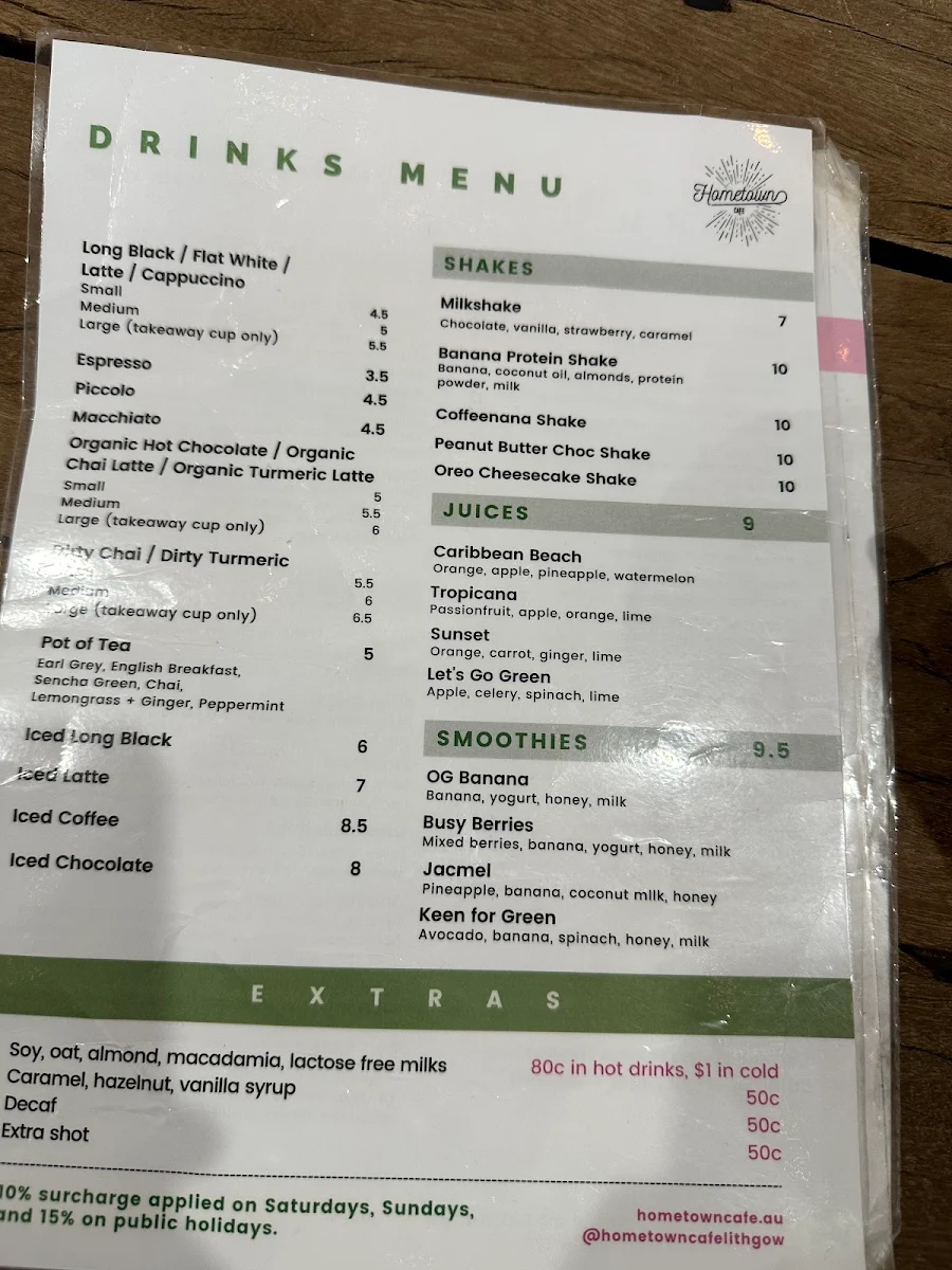 Menu, Hometown Cafe Lithgow