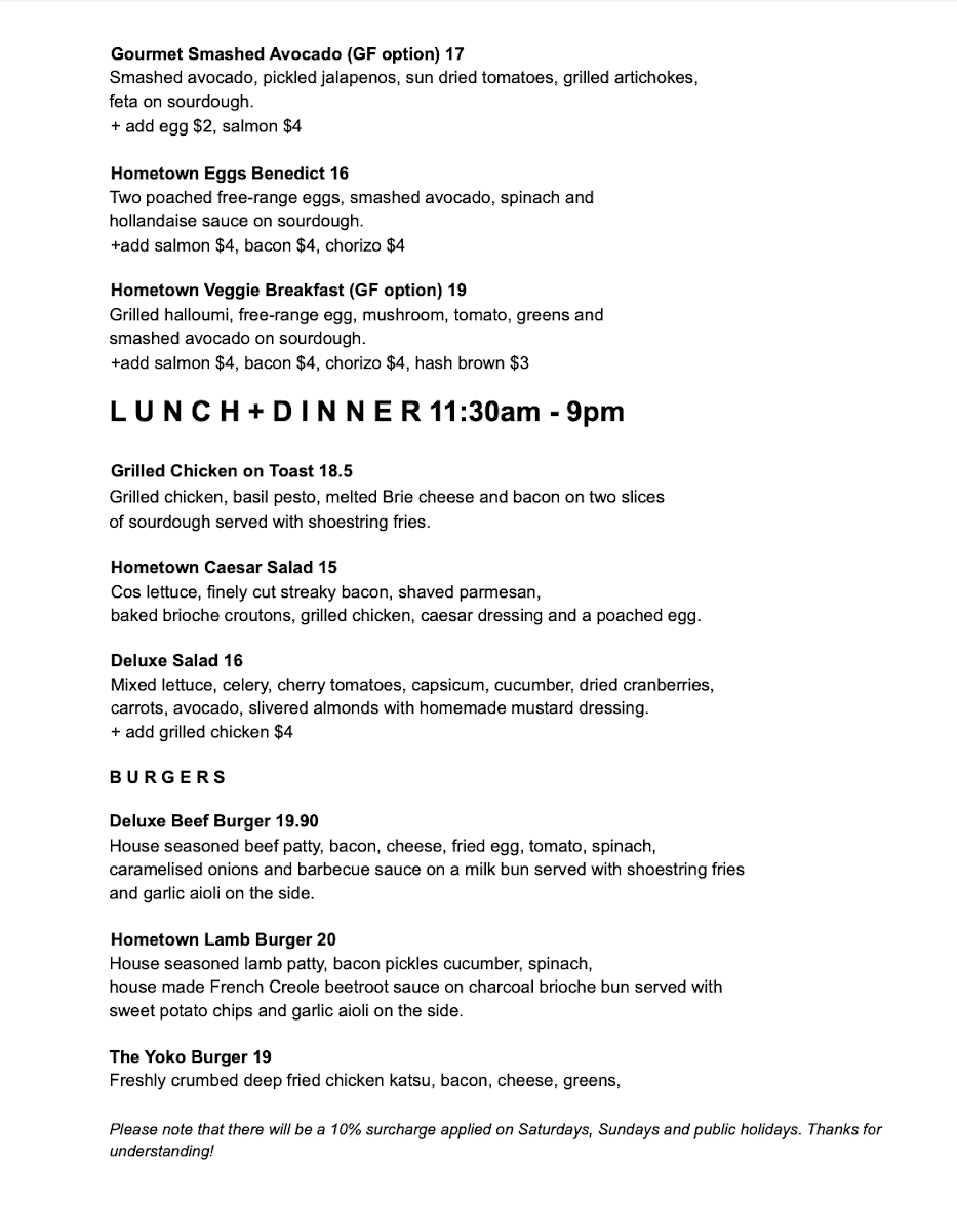 Menu, Hometown Cafe Lithgow