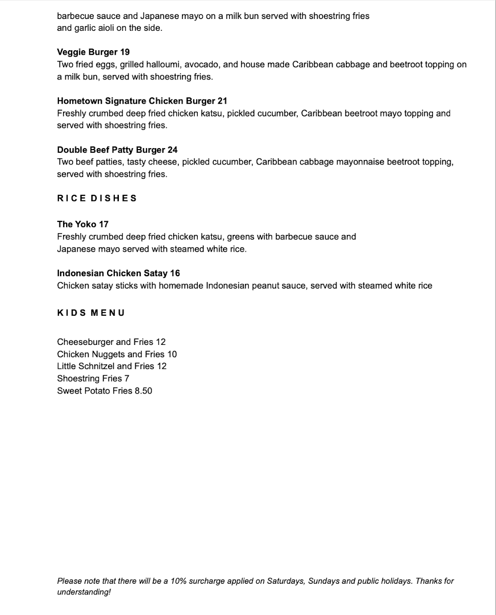 Menu, Hometown Cafe Lithgow