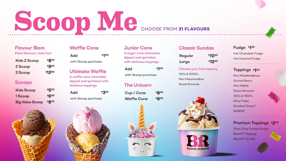 Menu, Baskin-Robbins Cannon Hill
