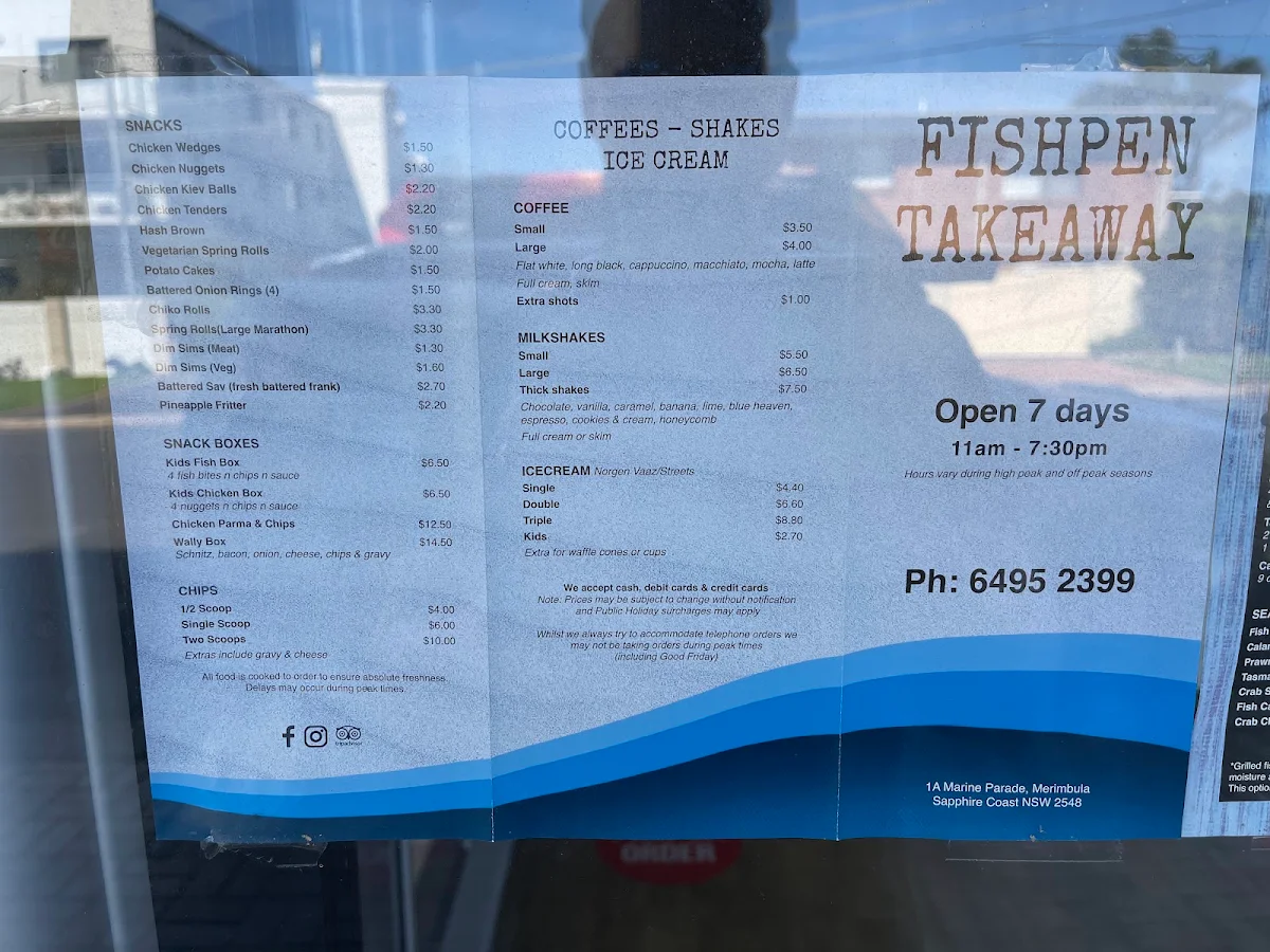 Menu, Fishpen Takeaway