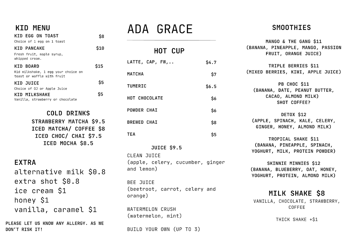 Menu, Ada Grace