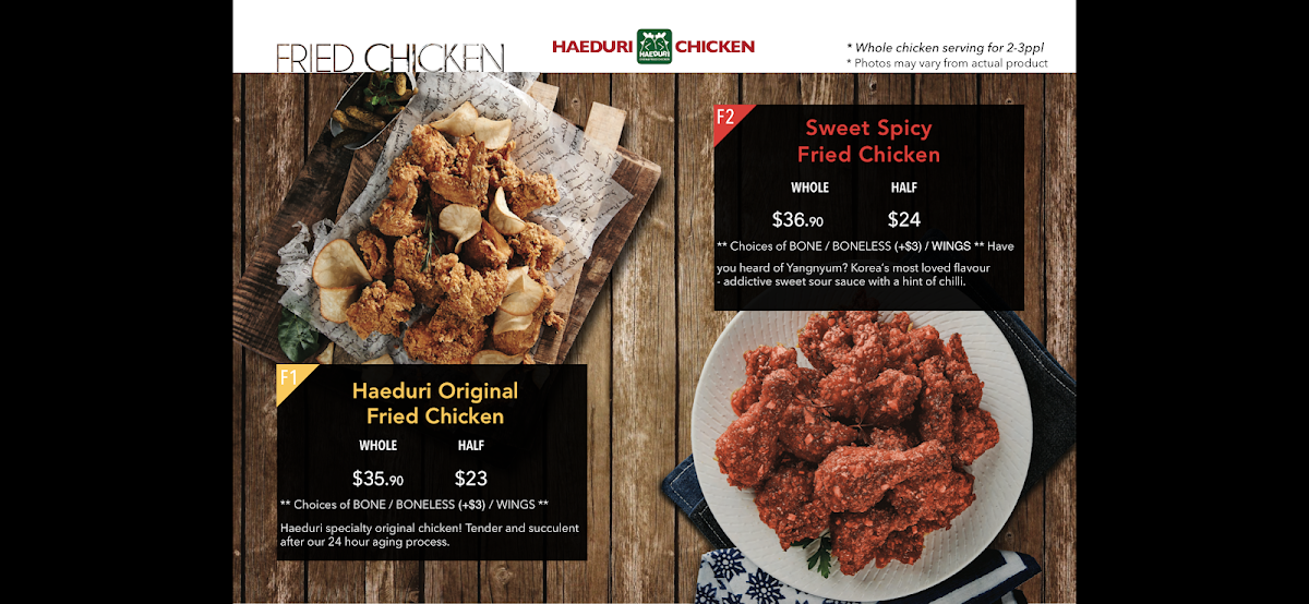 Menu, Haeduri Chicken Sunnybank 해두리 써니뱅크