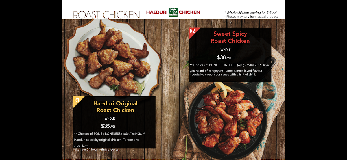 Menu, Haeduri Chicken Sunnybank 해두리 써니뱅크