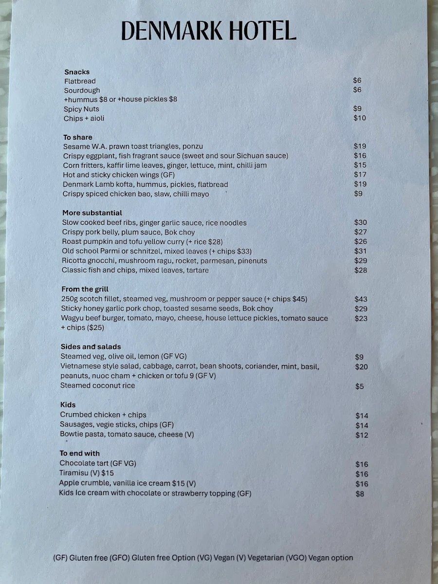 Menu, The Denmark Hotel | Bar & Bistro