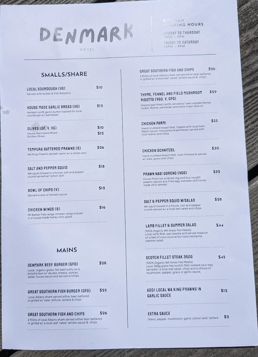Menu, The Denmark Hotel | Bar & Bistro